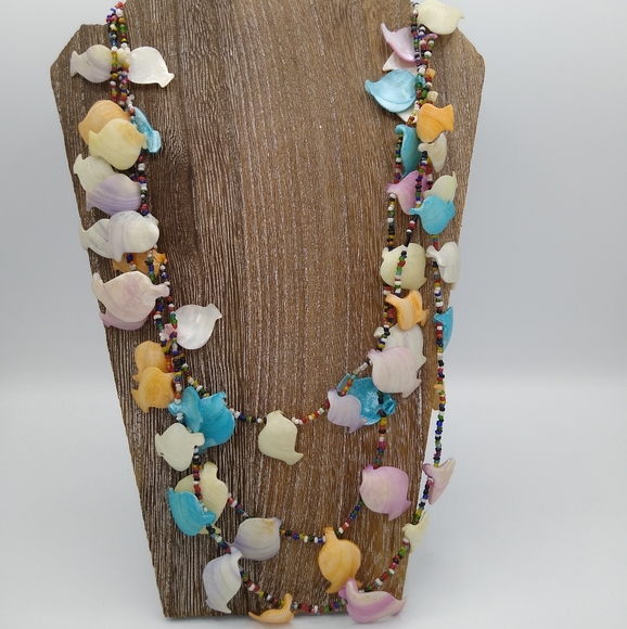 Pastel Dyed Seashell Fish Colorful Multi Strand Seed Bead Necklace 27" Vintage - Picture 13 of 14